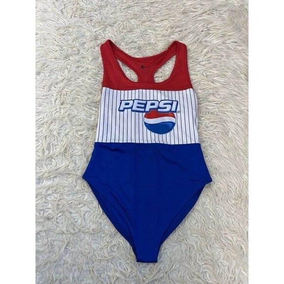 Pepsi Womens Size Large One Piece Swimsuit Razor Back Retro Summer Red & Blue - Picture 1 of 10